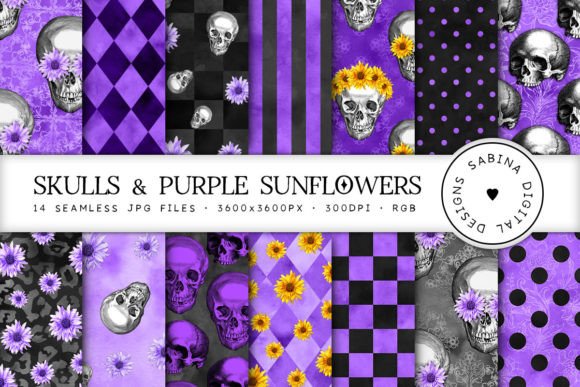 Purple Black Skulls Sunflowers