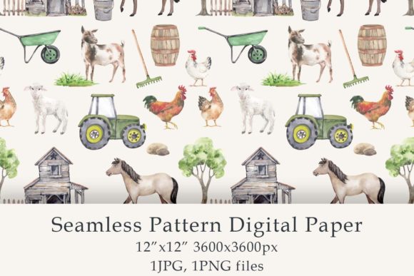 Watercolor Goat Farm Seamless Pattern