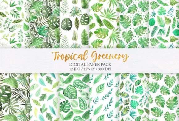 Watercolor Tropical Greens Digital Paper
